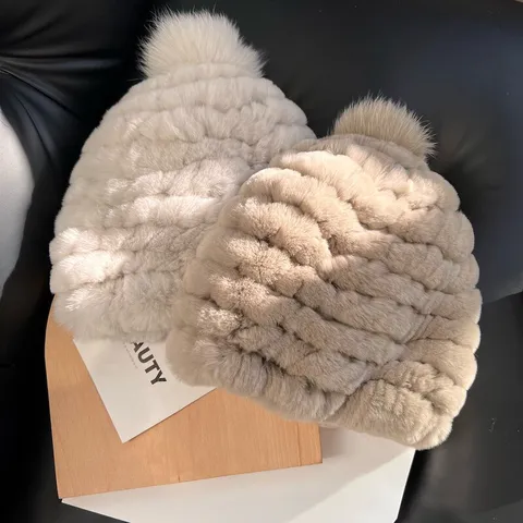 Women Real Rabbit Fur Beanie Hat With Fox Fur Pom Pom Winter Thick Warm Ear Protection Knitted Skull Cap Thermal Cap