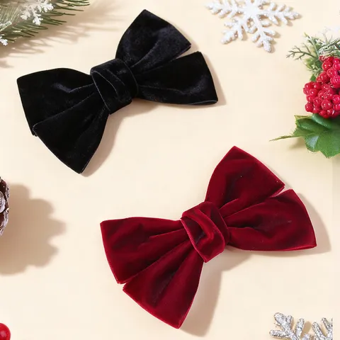 Handmade Flocked Large Bowknot Hair Clips For Girls Christmas New Year Festival Hair Accessories Red Black Velvet Ribbon Bow Barrette