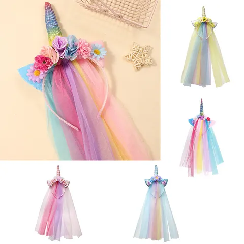 Girls Rainbow Unicorn Headband Princess Gradient Mesh Veil Lace Tassel Floral Hair Accessory Party Headpiece Birthday Headwear