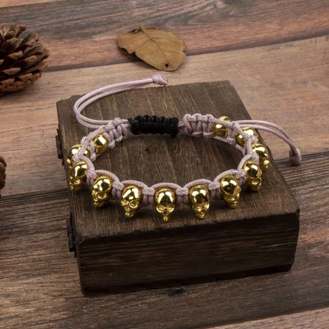 Punk Schedel Gevlochten Armband Handgemaakte Verstelbare Skelet Bangle Zinklegering Gothic Armband Voor Mannen Vrouwen Sieraden