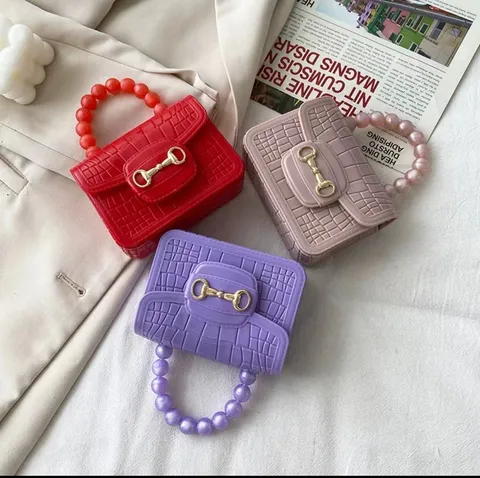 Bolso Jelly con Patrón de Cocodrilo para Niños Mini Bolso Bandolera de PVC con Asa de Cuentas Bolso Cuadrado Pequeño Estilo Dulce