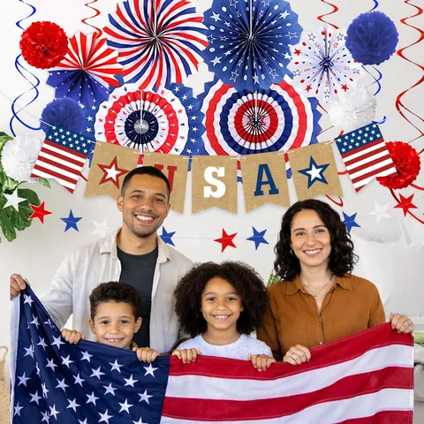 Ensemble De Décorations De Fête Du Jour De L'Indépendance Rouge Blanc Bleu Éventails En Papier Pom Poms USA Bannière En Toile De Jute Spirales Patriotiques