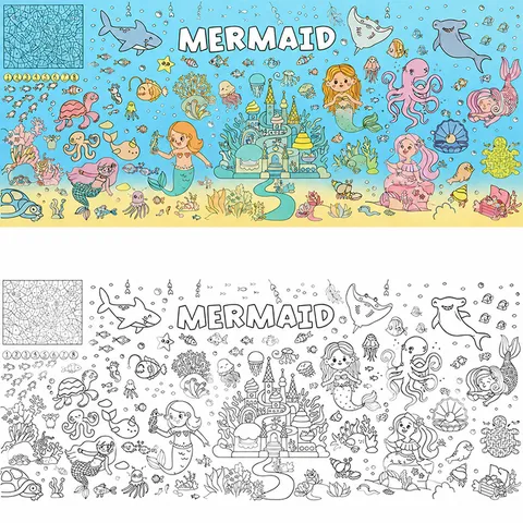 Mermaid Ocean Theme DIY Coloring Tablecloth Large Paper Doodle Poster Kids Birthday Party Decoration Art Craft Drawing Sheet
