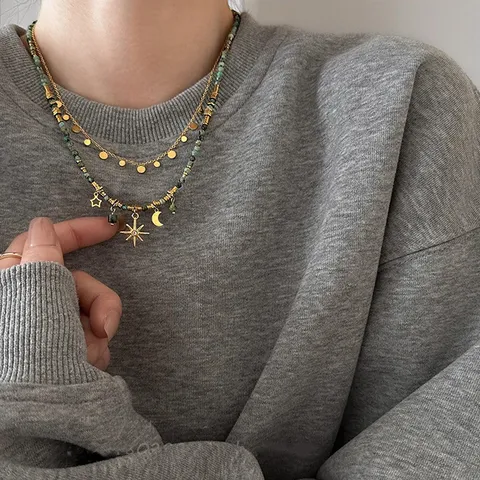 Collana di Perline in Pietra Naturale Multicolore Retrò Pendente Sole Stella Luna Collana in Acciaio al Titanio Placcato Oro Gioielli da Donna