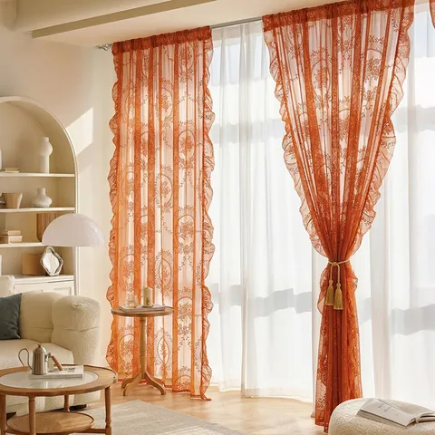 French Ruffle Country Lace Sheer Curtain For Bedroom Living Room Vintage Floral Semi-shading Door Curtain Window Scarf Decor