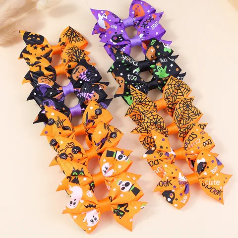 Kids Halloween Day Of The Dead Bow Hair Clips For Girls Ghost Pumpkin Spider Web Printed Grosgrain Ribbon Bows Bangs Clips Party Favors