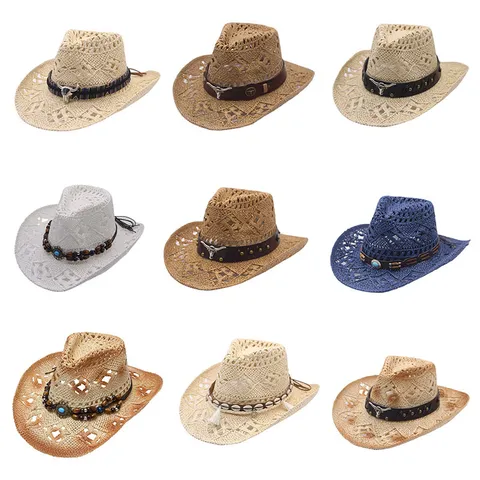 Hand Woven Hollow Out Straw Cowboy Hat For Women Men Sun Protection Wide Brim Beach Fedora Hat With Bull Head Leather Band Turquoise Decor