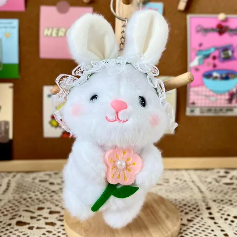Pastoraal Pluche Konijn Met PP Katoenen Vulling Bloem Sleutelhanger Tas Hanger Schattig Knuffeldier Decoratie Cadeau Vrouwen Kinderen