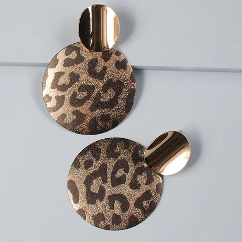 Vintage Leopard Print Round Disc Drop Earrings For Women Geometric Zinc Alloy Statement Earrings With Stainless Steel Post Fashion Jewelry