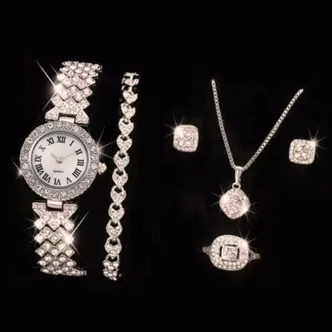 Luxury Women Rhinestone Roman Numerals Quartz Watch Bracelet Necklace Earrings Ring Set Alloy Fashion Jewelry Gift
