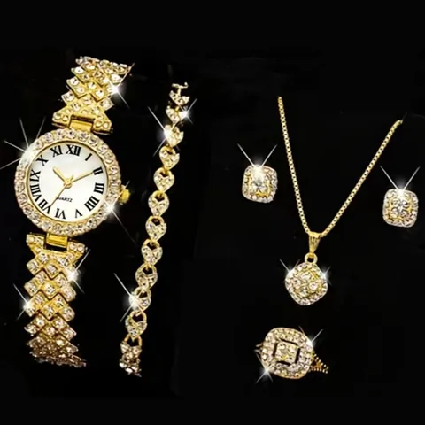 Luxury Women Rhinestone Roman Numerals Quartz Watch Bracelet Necklace Earrings Ring Set Alloy Fashion Jewelry Gift