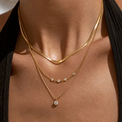 Collar Superpuesto de Cadena de Serpiente de Acero Inoxidable Chapado en Oro de 18K Lujo con Colgante de Circonia en Gota Mujer
