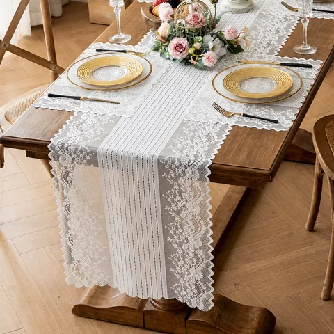 Runner da Tavolo Francese Vintage in Pizzo Traforato Tovaglia Lunga con Fiori Jacquard per Matrimonio Festa Decorazione Tavolo