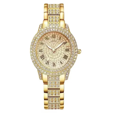 Women Luxurious Alloy Full Rhinestone Quartz Watch Fashion Casual Round Analog Wristwatch With Roman Numerals For Lady Party Gift