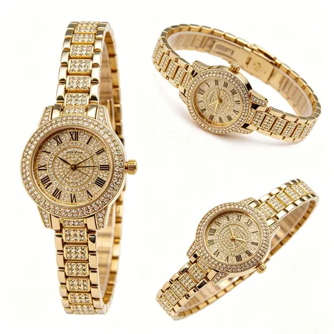 Women Luxurious Alloy Full Rhinestone Quartz Watch Fashion Casual Round Analog Wristwatch With Roman Numerals For Lady Party Gift