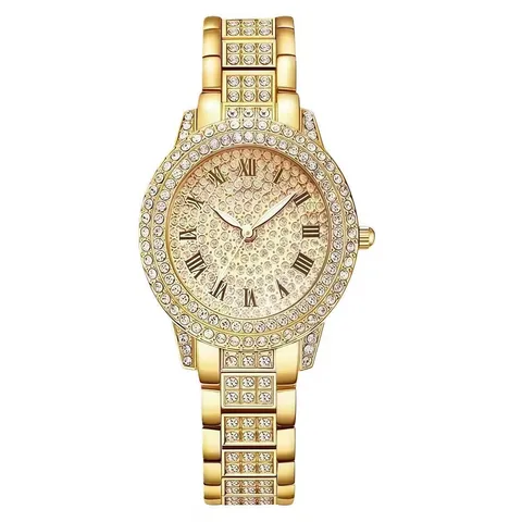 Women Luxurious Alloy Full Rhinestone Quartz Watch Fashion Casual Round Analog Wristwatch With Roman Numerals For Lady Party Gift