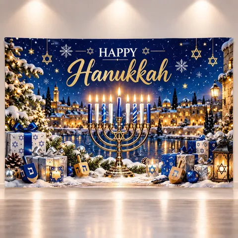 Hanukkah Backdrop Tapestry Menorah Star Of David Pattern Polyester Wall Hanging For Jewish Festival Party Home Decor