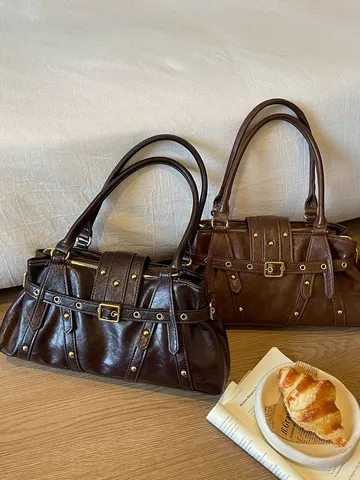 Vintage PU Leder Umhängetasche Für Damen Retro Nieten Gürtel Dekoration Handtasche Nischen Design Y2K Stil Kleine Schultertasche Tasche