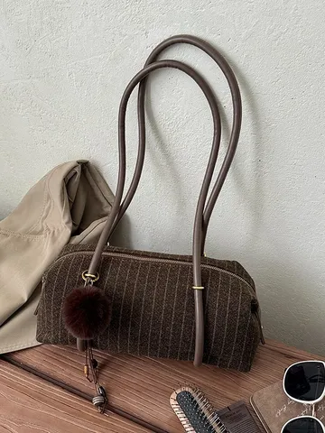 Einfache Gestreifte Schultertasche Für Damen Im Koreanischen Stil Modische Retro Unterarmtasche Große Tragetasche Mit Pelzball