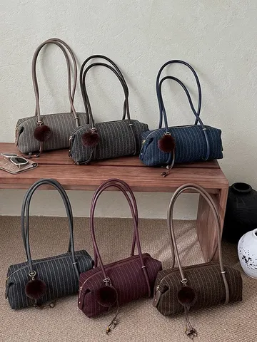 Einfache Gestreifte Schultertasche Für Damen Im Koreanischen Stil Modische Retro Unterarmtasche Große Tragetasche Mit Pelzball