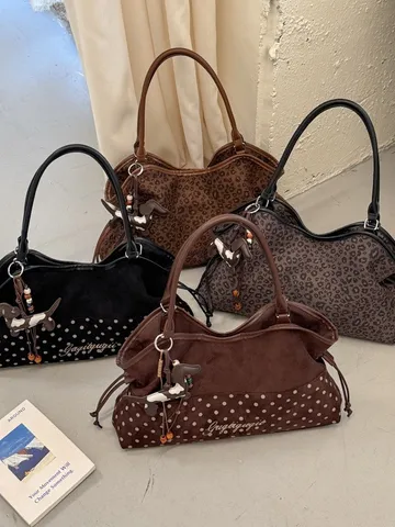 Damen Große Tragetasche Suede-Look PU Patchwork Polka-Punkt Leopardenmuster Pendler Schultertasche Mit Hundeanhänger