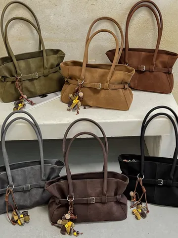Damen Wildleder Plissiert Tote Bag Große Kapazität Pendler Umhängetasche Koreanischer Stil Einfarbig Achseltasche Gürtel Deko