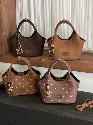 Damen Koreanischer Stil Wildleder Eimertasche Mode Einfache Schulter Umhängetasche Punktemuster Commute Tote Passende Tasche