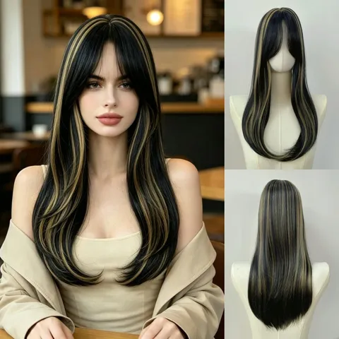Long Straight Synthetic Wig With Curtain Bangs Matte Silk Black With Golden Brown Highlights Rose Net Full Machine Made Hair Topper For Women Daily Use