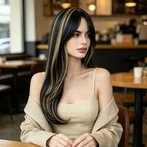 Long Straight Synthetic Wig With Curtain Bangs Matte Silk Black With Golden Brown Highlights Rose Net Full Machine Made Hair Topper For Women Daily Use