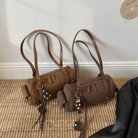 Vintage Suède PU Contrast Kleur Boston Tas Grote Capaciteit Cilindrische Schoudertas Woon-werkverkeer Casual Handtas Voor Vrouwen