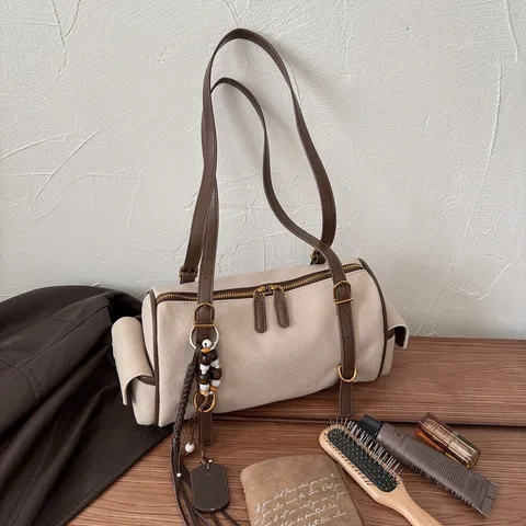 Vintage Suède PU Contrast Kleur Boston Tas Grote Capaciteit Cilindrische Schoudertas Woon-werkverkeer Casual Handtas Voor Vrouwen