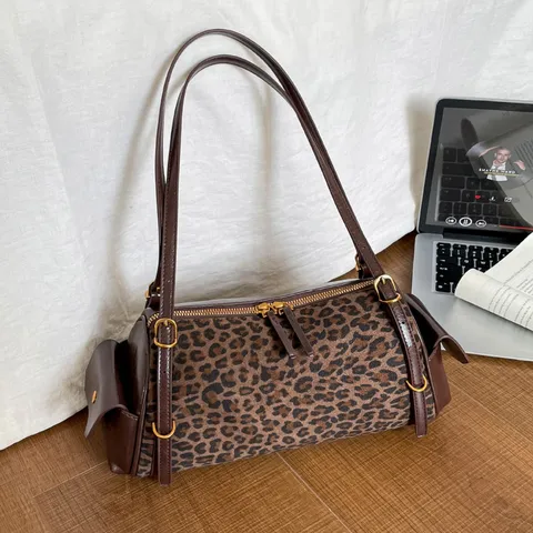 Women's Vintage Leopard Print Shoulder Bag Large Capacity PU Leather Handbag Fashion Niche Casual Underarm Bag Pillow Shape