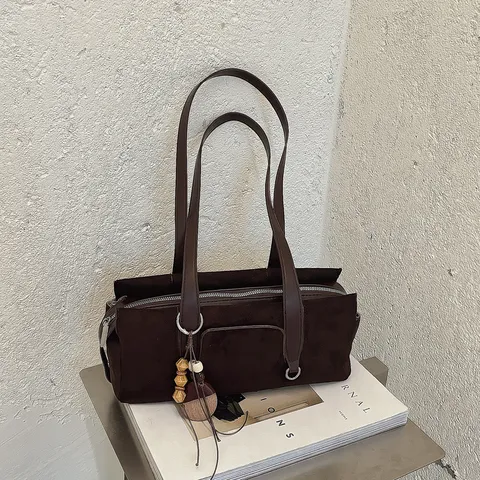 Vintage Faux Suede Underarm Bag For Women Retro Solid Color Large Capacity Bowling Shoulder Bag Casual Hobo Handbag Bag