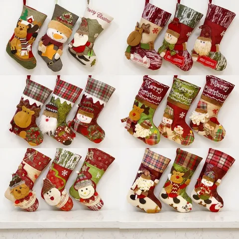 Grande Chaussette de Noël Pendentif 3D Père Noël Bonhomme de Neige Renne Pochette Cadeau Bonbons en Polyester pour Sapin de Noël Maison Fête Décoration