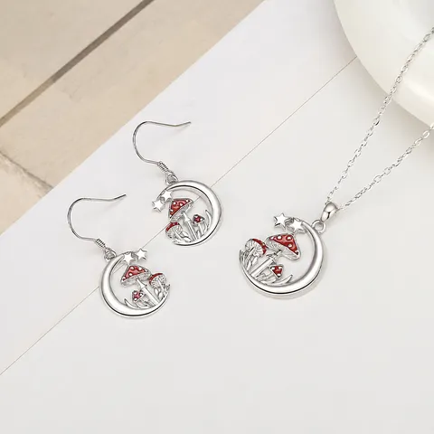 S925 Sterling Zilver Maan Paddenstoel Ster Emaille Sieradenset Voor Dames Rood Wit Paddenstoel Hanger Ketting Haak Oorbellen Sprookjes Accessoires