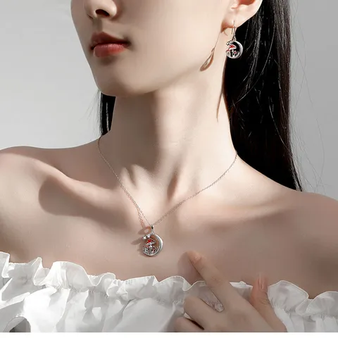S925 Sterling Zilver Maan Paddenstoel Ster Emaille Sieradenset Voor Dames Rood Wit Paddenstoel Hanger Ketting Haak Oorbellen Sprookjes Accessoires