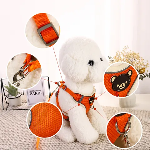Reflective Nylon Dog Harness And Leash Breathable Mesh Pet Vest Cartoon Bear For Small Medium Dogs Outdoor Walking