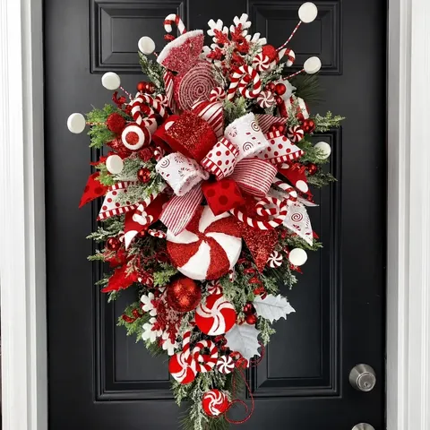 Christmas Candy Teardrop Swag Red White Artificial Wreath Front Door Hanging Pine Needles Bow Berry Festive Holiday Wall Ornament