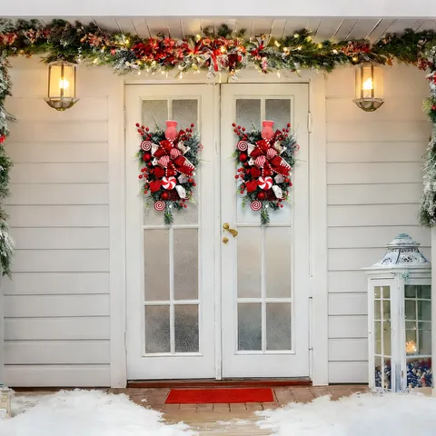 Christmas Candy Teardrop Swag Red White Artificial Wreath Front Door Hanging Pine Needles Bow Berry Festive Holiday Wall Ornament
