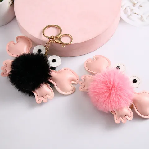 Cartoon Crab Faux Fur Pom Pom Keychain PU Leather Plush Animal Bag Charm Car Key Ring Pendant For Women Men Accessory
