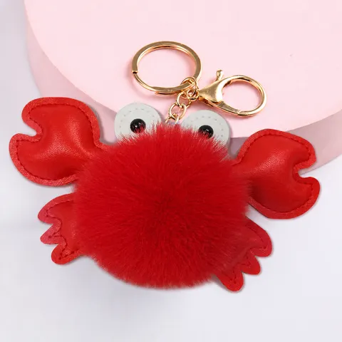 Cartoon Crab Faux Fur Pom Pom Keychain PU Leather Plush Animal Bag Charm Car Key Ring Pendant For Women Men Accessory