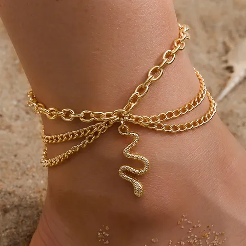 Bohemian Multi-Layer Gold Snake Pendant Anklet For Women Alloy Cross Chain Tassel Snake Anklet Summer Beach Foot Jewelry