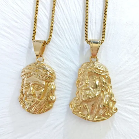 Men's Hip Hop Jesus Head Pendant Necklace Set 316L Stainless Steel Byzantine Emperor Chain Gold Plated Personalized Trendy Jewelry For Men
