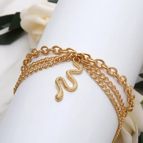 Bohemian Multi-Layer Gold Snake Pendant Anklet For Women Alloy Cross Chain Tassel Snake Anklet Summer Beach Foot Jewelry