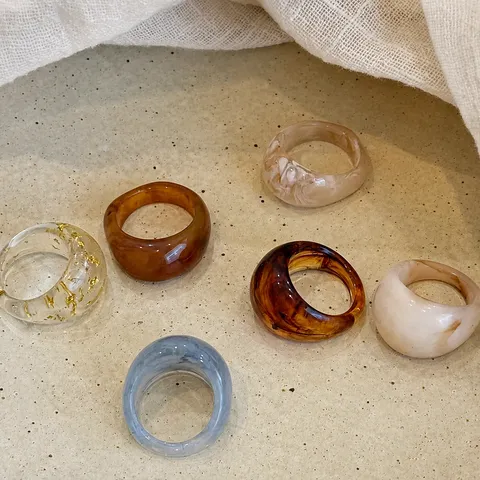 Korean Style Minimalist Acrylic Resin Rings For Women Vintage Marble Texture Geometric Wide Band Finger Rings Fashion Jewelry Accessories