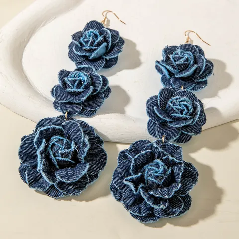Orecchini Pendenti Vintage con Camelia in Tessuto Blu per Donna Eleganti Orecchini Denim Fatti a Mano con Strass e Nappa Gioielli Moda Regalo