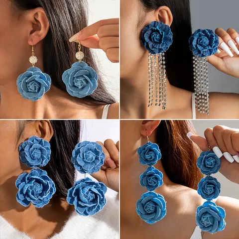 Orecchini Pendenti Vintage con Camelia in Tessuto Blu per Donna Eleganti Orecchini Denim Fatti a Mano con Strass e Nappa Gioielli Moda Regalo