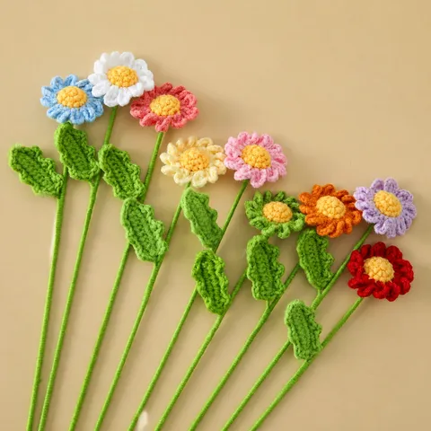 Handgefertigte Gehäkelte Kleine Gänseblümchen Blumenstiele Kamille Garn Gestrickte Künstliche Blumen Für Hochzeitsstrauß Zubehör Heimdekor