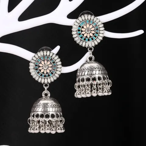 Orecchini Jhumka Etnici Vintage per Donna Totem del Sole Lega Smalto Colorato Campanello Nappa Orecchini Strass