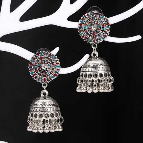 Orecchini Jhumka Etnici Vintage per Donna Totem del Sole Lega Smalto Colorato Campanello Nappa Orecchini Strass